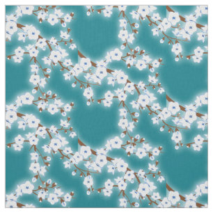 Weiße Kirsche Blüten Blumenmuster Aquamarin Stoff