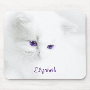 Weiße Kitte mit Lila Augen Personalisiert Mousepad
