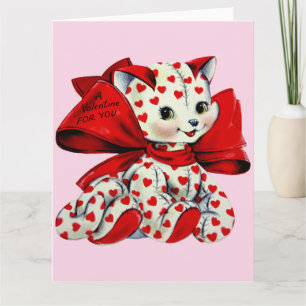 Weiße Kitty-Katze mit Herzen Vintage-Valentins-Kun Karte