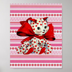 Weiße Kitty-Katze mit Herzen Vintage-Valentins-Kun Poster