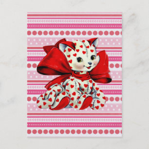 Weiße Kitty-Katze mit Herzen Vintage-Valentins-Kun Postkarte