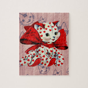 Weiße Kitty-Katze mit Herzen Vintage-Valentins-Kun Puzzle
