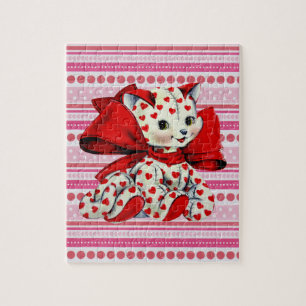 Weiße Kitty-Katze mit Herzen Vintage-Valentins-Kun Puzzle