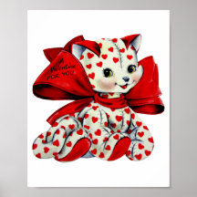 Weiße Kitty-Katze mit Herzen Vintage-Valentinstags