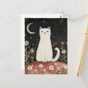 Weiße Kitty und der Mond Postkarte
