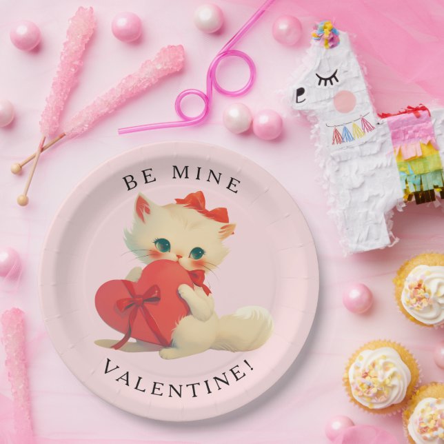 Weiße Kitty Vintage Be Mine Valentinstag Pappteller (Party)
