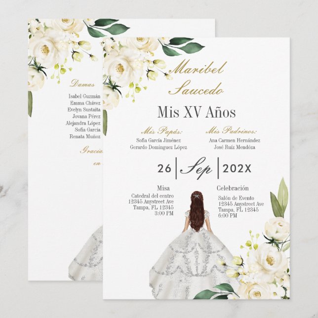 Weiße Kleidung quinceañera Einladung (Vorne/Hinten)