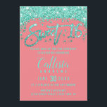 Weiße Korallenkoralle Türkisfarbener Glitzer Staub Einladung<br><div class="desc">Dieses einzigartige und originelle Sweet 16-Einladungs-Design besticht durch moderne, mädchenhafte und schicke Imitate, die türkisfarbenen Glitzer-Staub bedruckt und auf einem einfachen korallenrosa Hintergrund mit einer individuellen Pinseltypografie versehen sind. Diese skurrile und glamouröse Einladung wird Ihre Gäste begeistern und das perfekte Kompliment für die hübsche und klassische Geburtstagsparty Ihrer Tochter sein....</div>