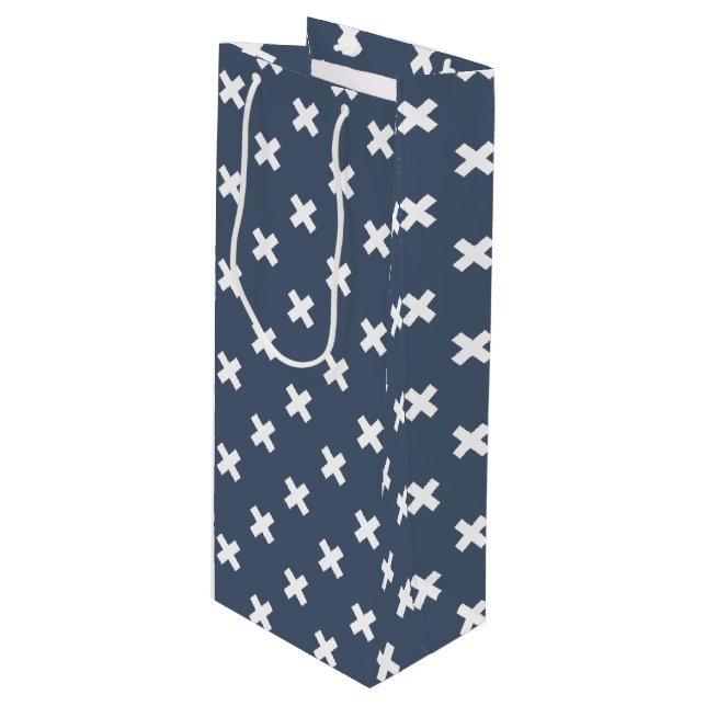 Weiße Kreuzstiche auf blau-grau Geschenktüte Für Weinflaschen (Vorderseite Schrägansicht)