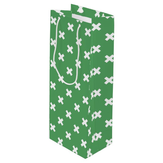 Weiße Kreuzstiche auf grün Geschenktüte Für Weinflaschen (Vorderseite Schrägansicht)