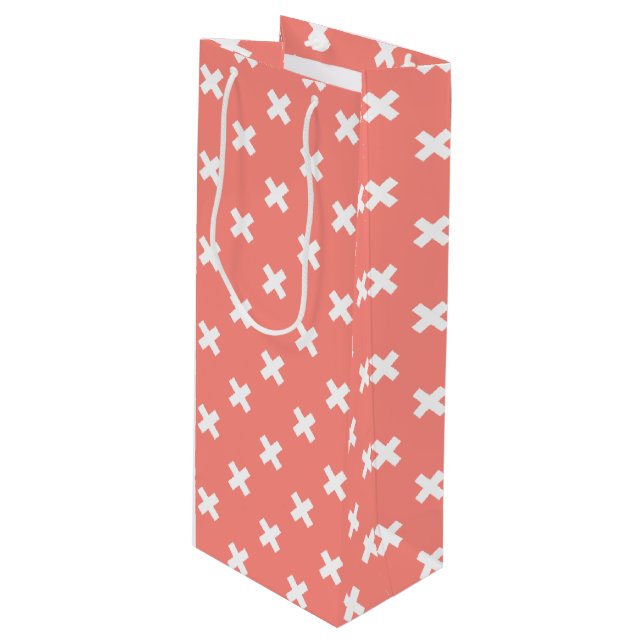 Weiße Kreuzstiche auf Pfirsich Geschenktüte Für Weinflaschen (Vorderseite Schrägansicht)