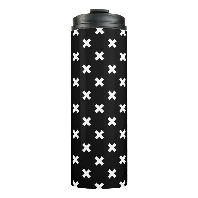 Weiße Kreuzstiche auf schwarz Thermosbecher (Vorderseite)