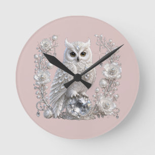 Weiße Kristallperlen-Eule Runde Wanduhr
