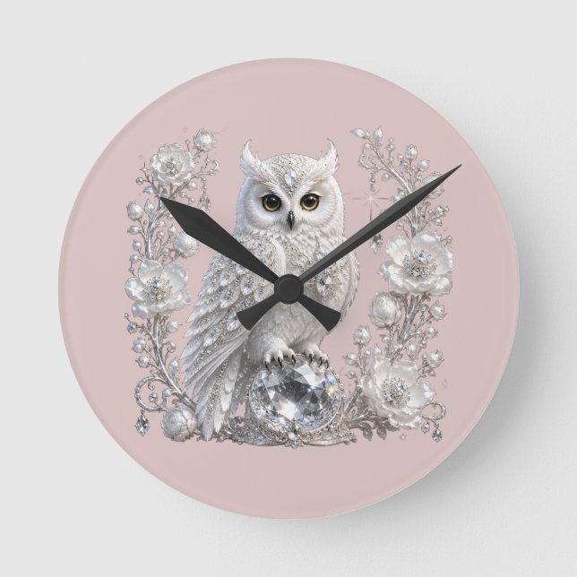 Weiße Kristallperlen-Eule Runde Wanduhr (Vorderseite)