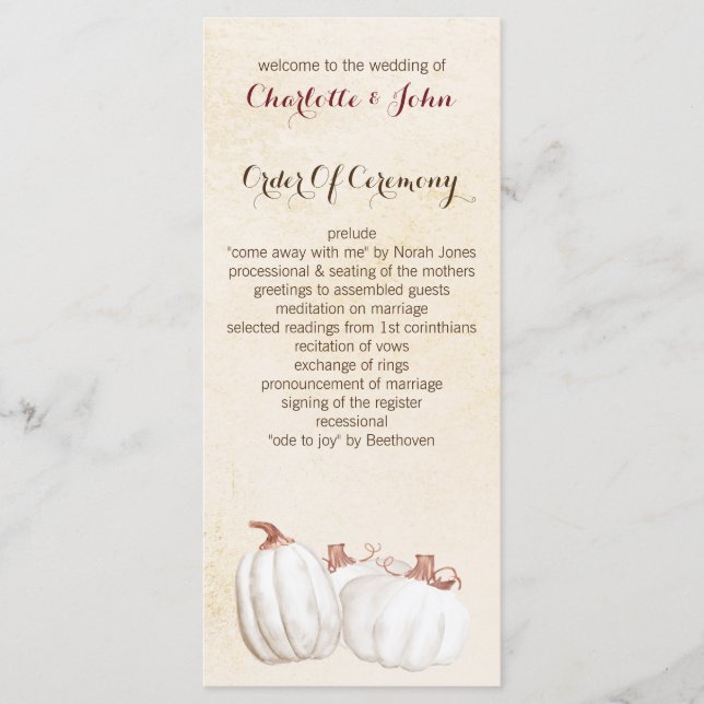 Weiße Kürbis Herbst Ernte Programme Hochzeit (Vorderseite)
