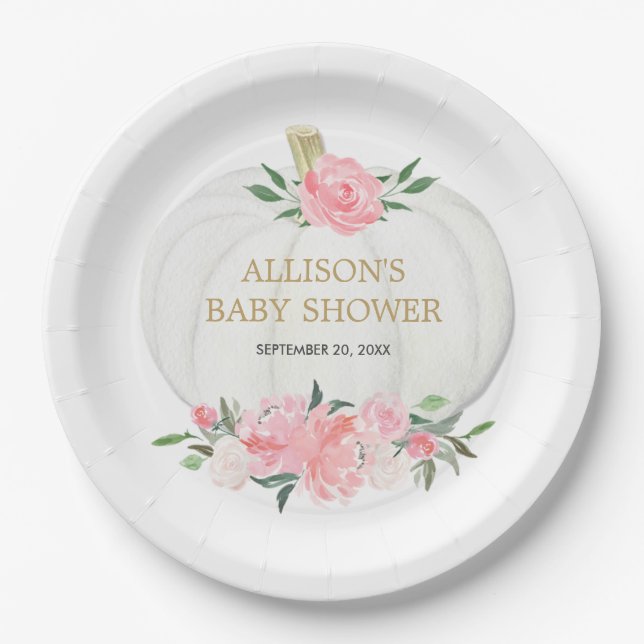 Weiße Kürbis mit rosa Blütengrün Pappteller (Vorderseite)