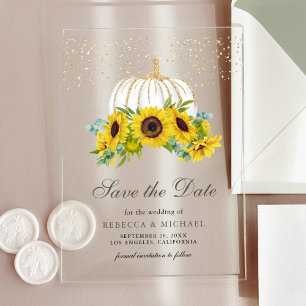 Weiße Kürbis-Sonnenblumen Hochzeit Termin vormerke Acryleinladungen