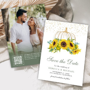 Weiße Kürbis Sonnenblumen QR Code Hochzeitsfoto Save The Date