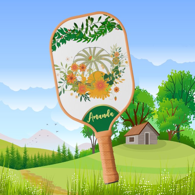 Weiße Kürbiskröschen Herbstfarben Grünes Blattwerk Pickleball Schläger (White Pumpkin Fall Colors Green Foliage Botanical Pickleball Paddle)
