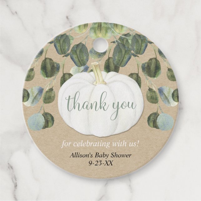 Weiße Kürbispflanzen eukalyptus rustikaler Fall Geschenkanhänger (Vorderseite)