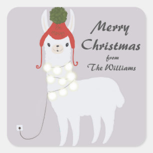 Weiße Lama-Weihnachtslichter angeschlossen Quadratischer Aufkleber