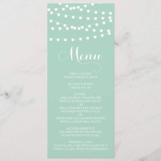 Weiße Lampen | Mint Wedding Menu Card Menükarte (Vorderseite)