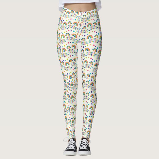 Weiße Leggings mit farbenfrohem Regenbogen und geo (Vorderseite)