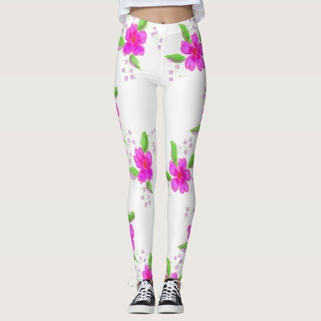 Weiße Leggings mit rosa Blume drucken (Vorderseite)
