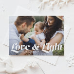 Weiße Liebe und Foto für leichte Typografie Hanukk Feiertagskarte<br><div class="desc">Liebe und Licht | Senden Sie Ihre Hanukkah Grüße an Familie und Freunde mit dieser anpassbaren Hanukkah-Karte. Es zeichnet sich durch Retro-fett Typografie aus. Personalisieren Sie dieses Foto Hanukkah-Karte durch Hinzufügen Ihrer Daten. Dieses Foto Hanukkah Karte ist in anderen Farben und Cardstock erhältlich. Matching-Elemente sind ebenfalls verfügbar.</div>