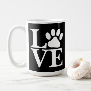 Weiße LIEBE Word Dog Paw Drucken auf schwarzem Hin Kaffeetasse