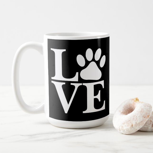 Weiße LIEBE Word Dog Paw Drucken auf schwarzem Hin Kaffeetasse (Mit Donut)