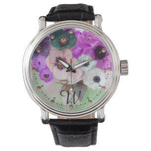 WEISSE LILA GRÜNE ROSE, ANEMONS BLUME MONOGRAM ARMBANDUHR