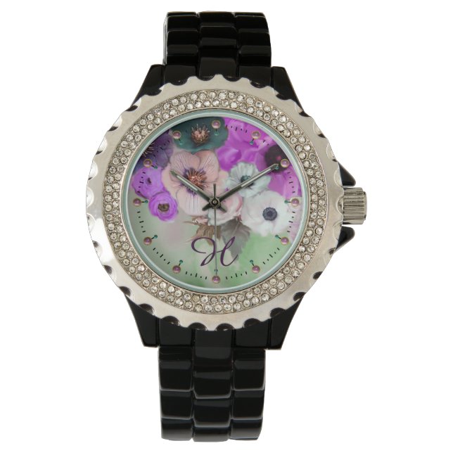 WEISSE LILA GRÜNE ROSE, ANEMONS BLUME MONOGRAM ARMBANDUHR (Vorderseite)