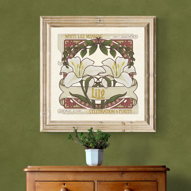 Weiße Lilie - Blume bedeutet Vintages Poster (White Lily Vintage Style Wall Art: These Lovely Flowers Mean Celebration and Purity.)