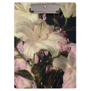 Weiße Lilien auf dunklem Hintergrund - Florale Kun Klemmbrett