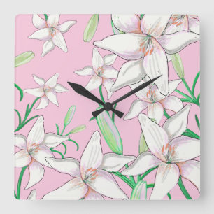 Weiße Lilien auf rosa Hintergrundbild Quadratische Wanduhr
