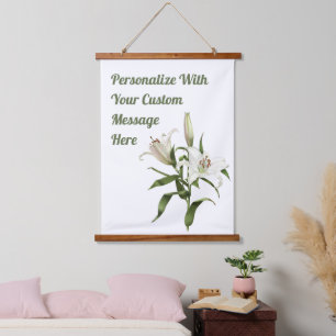Weiße Lilien Florale Botanische Kunst Personalisie Wandteppich Mit Holzrahmen