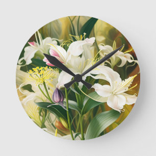 Weiße Lilien in Blüte Runde Wanduhr