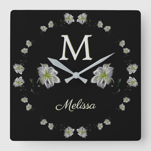 Weiße Lilien Quadratische Wanduhr (Vorderseite)