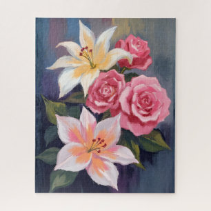 Weiße Lilien-Rosa-Rosenstrauß-Aquarell-Blumen Puzzle