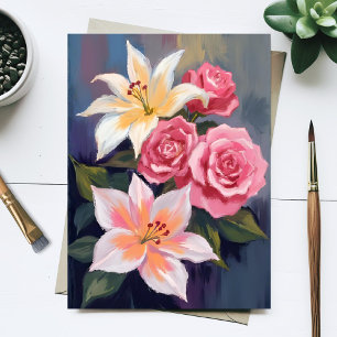 Weiße Lilien Rosa Rosenstrauß Wasserfarbe Floral Postkarte