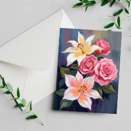 Weiße Lilien Rosa Rosenstrauß Wasserfarbenkarte