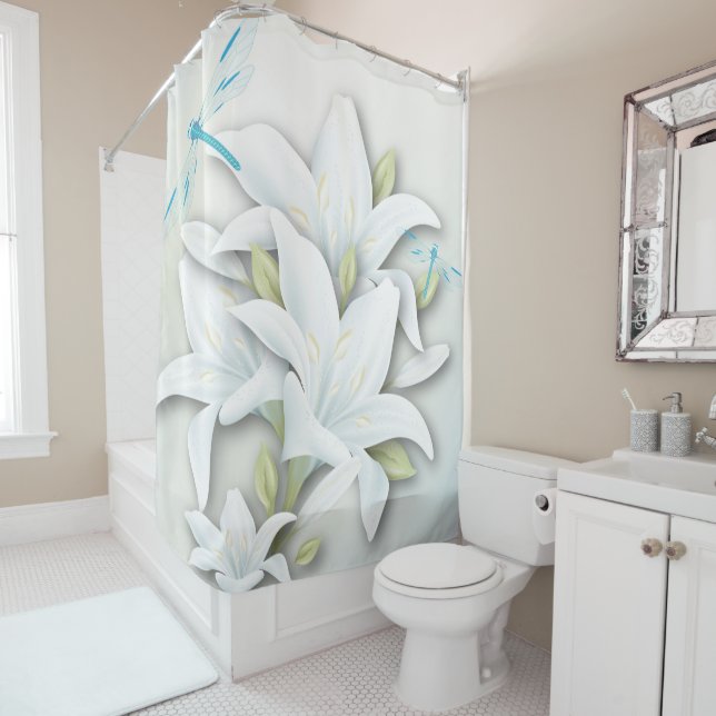Weiße Lilien und Libellen Duschvorhang (Beispiel)