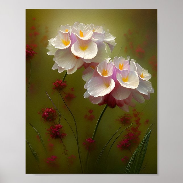 Weiße Lilien und rote Wildblumen Poster (Vorne)