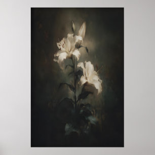 Weiße Lilienblume Druckbar Dunkle Florale Wandkuns Poster