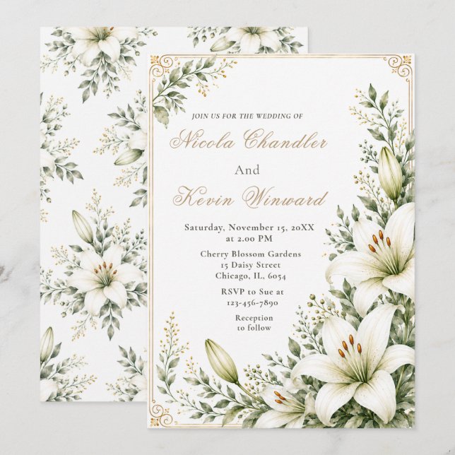 Weiße Lilienhochzeit Einladung (Vorne/Hinten)