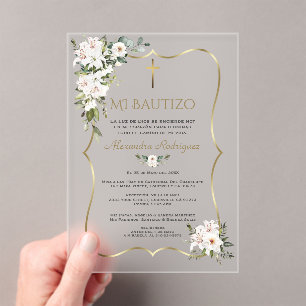 Weiße Lilienrose Bautizo mit Blumen Gold Taufe  Acryleinladungen