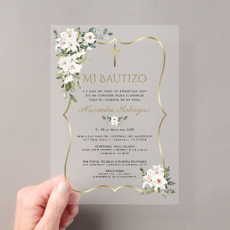 Weiße Lilienrose Bautizo mit Blumen Gold Taufe Acryleinladungen
