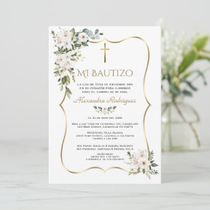 Weiße Lilienrose Bautizo mit Blumen Gold Taufe  Einladung