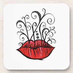 Weiße Lips Tinte Zeichnend Tattoo Style Getränkeuntersetzer